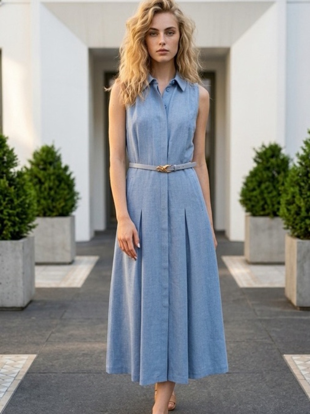 Donna Karan New York Belted Sleeveless Midi Shirt Dress Light Blue Size 8